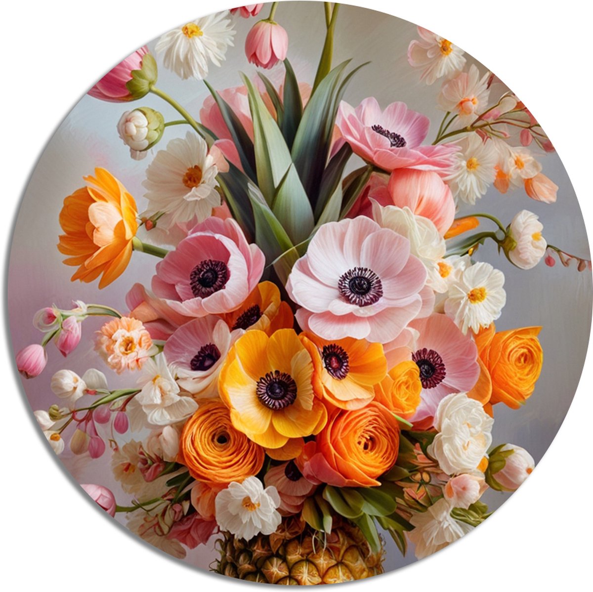 Muurcirkel Zomerse Bloemexplosie - 40 x 40 cm - Bloemencompositie - Ananas - Inclusief bevestiging - Aluminium - Wandcirkel - Voor binnen en buiten - Woonkamer - Metalen wanddecoratie - Muurdecoratie - Rond schilderij