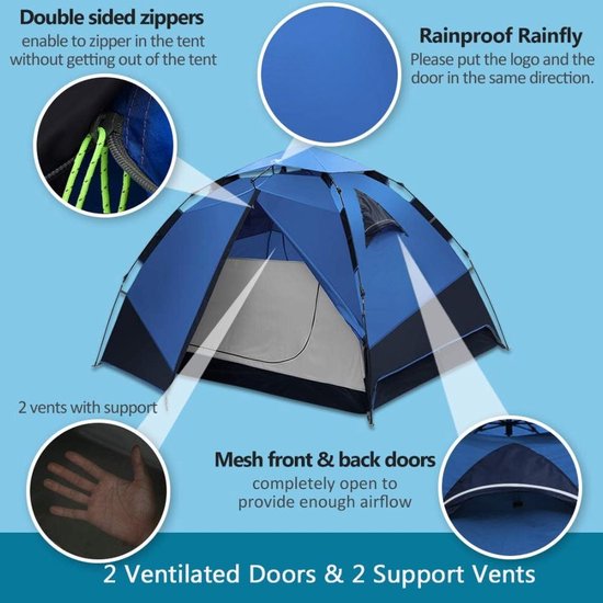 Waterdichte tweede tent voor 3-4 personen, kampeertent, koepeltent, werptent met quick-up-systeem, 2 deuren, dubbelwandige tent voor snelle montage, festivalpop-uptent voor kamperen, reizen, strand, wandelen van Merkloos — afbeelding 3