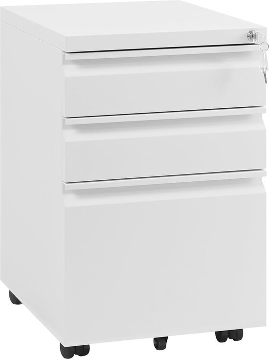 WOLTU Rollcontainer, Aktenschrank, Büroschrank, abschließbarer Schrank, Container mit 3 Schubladen, Schreibtisch Unterschrank, Hängeregisterschrank mit Rollen, 39x62x46 cm, weiß