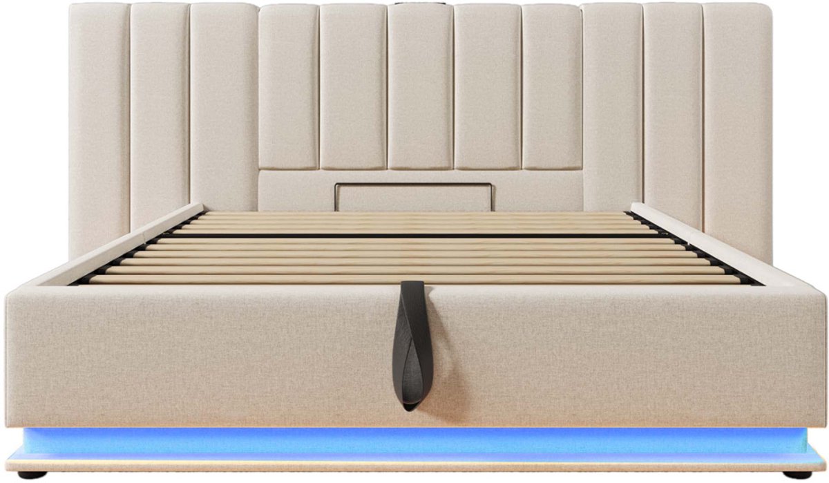 Gotagee Gestoffeerd bed opbergbed multifunctioneel bed tweepersoonsbed laag bed slaapkamerbed logeerbed bed voor volwassenen bed voor jongeren met LED-verlichting en USB-C oplaadpoort Bed met opbergruimte 180x200cm Bed zonder matras Linnen stof