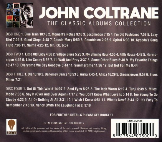 Albumhoes met de tekst John Coltrane - The Classic Albums Collection. Bevat 4 cd's. Linksboven is een collage van albumhoezen.