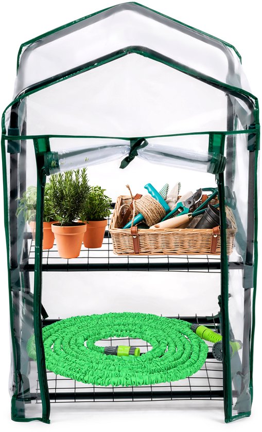 Kinzo Tuinkas - broeikas met 4 etages - 69 x 49 x 160 cm - Transparant met groene accenten