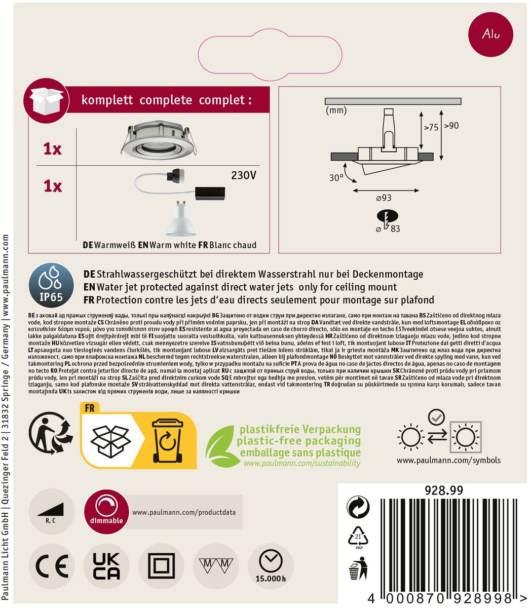 Paulmann Nova Inbouwspot Zwenkbaar Dimbaar LED GU10 IP65 Geborsteld Staal 7w 230v 93mm