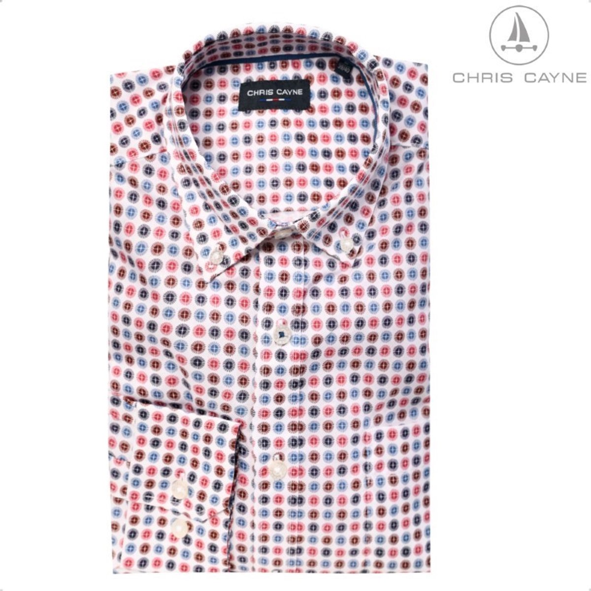 Chris Cayne heren overhemd - L - offwhite/blauw/rood - lange mouwen - 100% Katoen - geprint