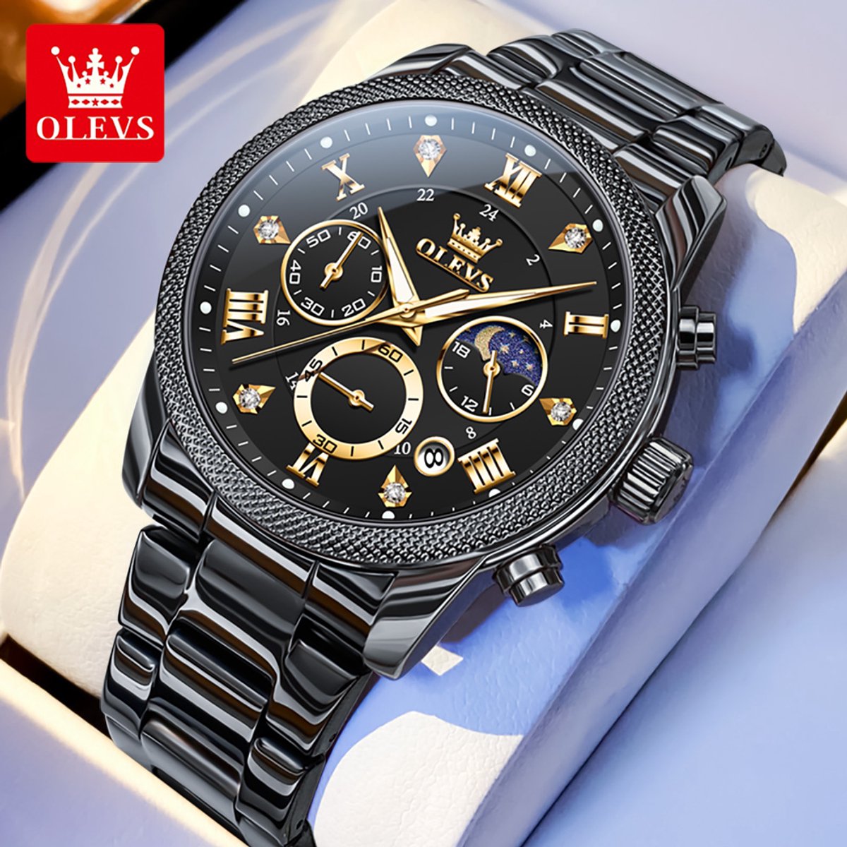 HO-3660.zw-g : OLEVS zwart edelstaal chronografisch quartz horloge, goudkl wijzerplaatbeslag, zwarte wijzerplaat, uren minuten maanfase -aanduiding, diamant, zirkonia