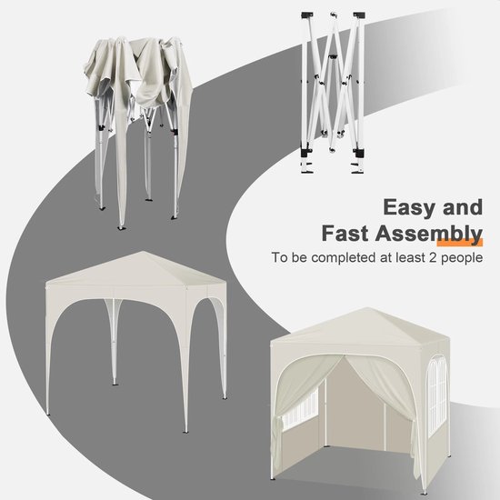 Opvouwbare Partytent - Easy up Partytent - Pop-up Paviljoen - 2x2m - Verstelbare Hoogte - Zijwanden - Waterdicht - UV - Bescherming - Buiten - Beige van Luminello — afbeelding 3