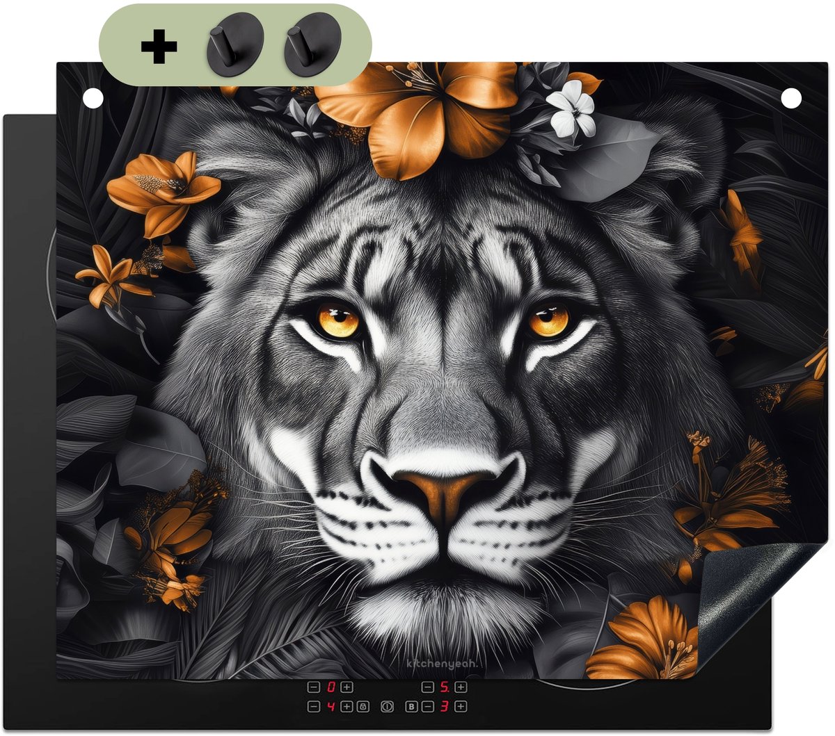 KitchenYeah® Inductie beschermer 65x55 cm - Leeuw - Zwart wit - Goud - Bloemen - Kookplaataccessoires - Afdekplaat voor kookplaat & Spatscherm achterwand - Inductiebeschermer - Inductiemat - Inductieplaat mat - Keuken decoratie