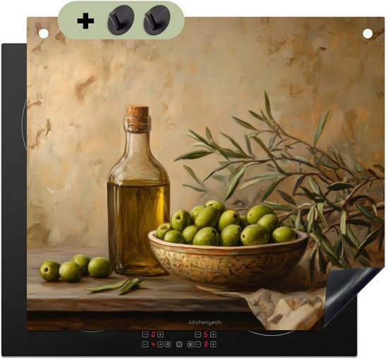 KitchenYeah® Protection plaque induction 60x52 cm - Olives - Nature morte - Vintage - Protege plaque de cuisson - Couvre plaque induction - Protecteur d'induction - Cuisine
