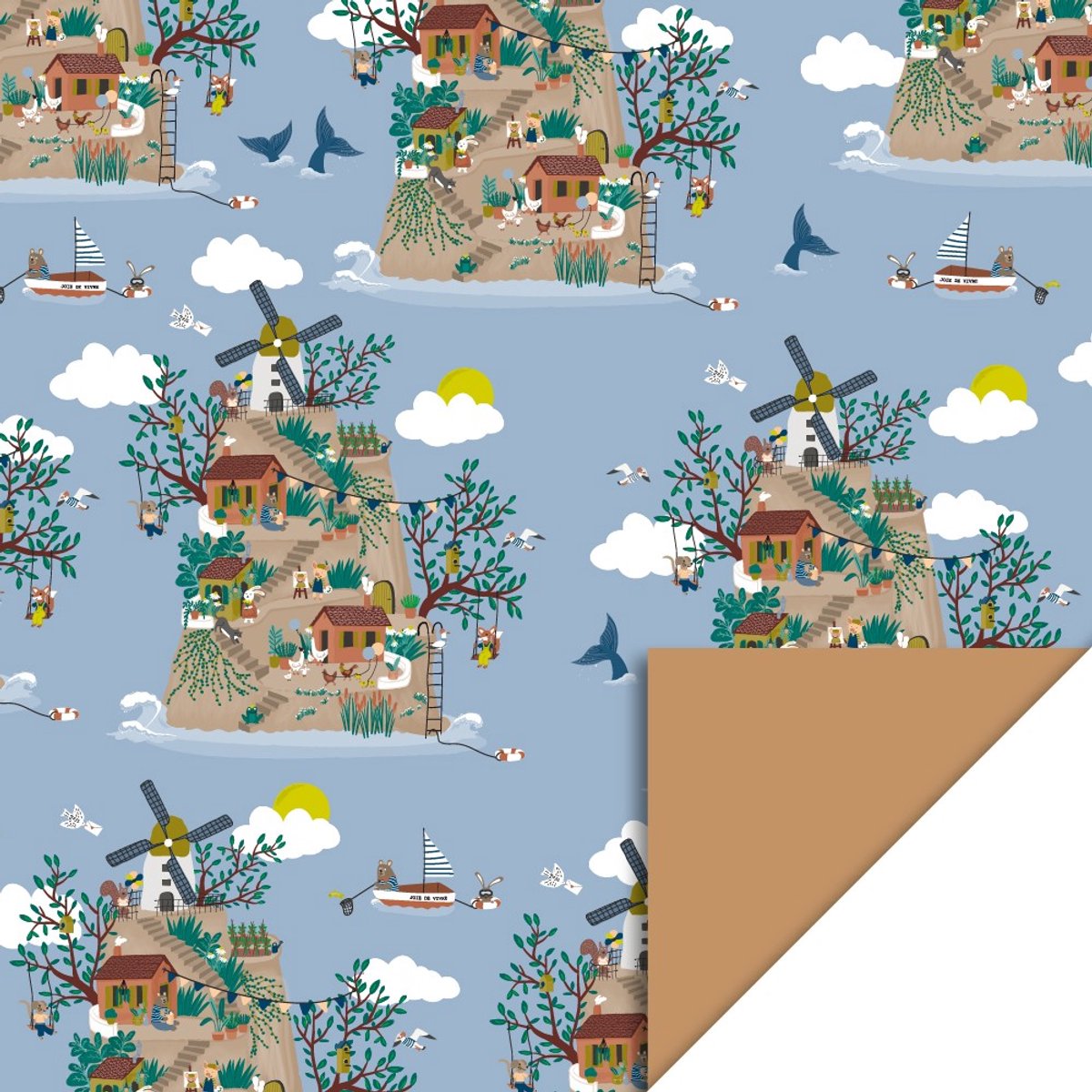 Inpakpapier - Cadeaupapier - World - Taupe - Wereld - Kadopapier - Kinderverjaardag - Blauw - 70cm x 3mtr
