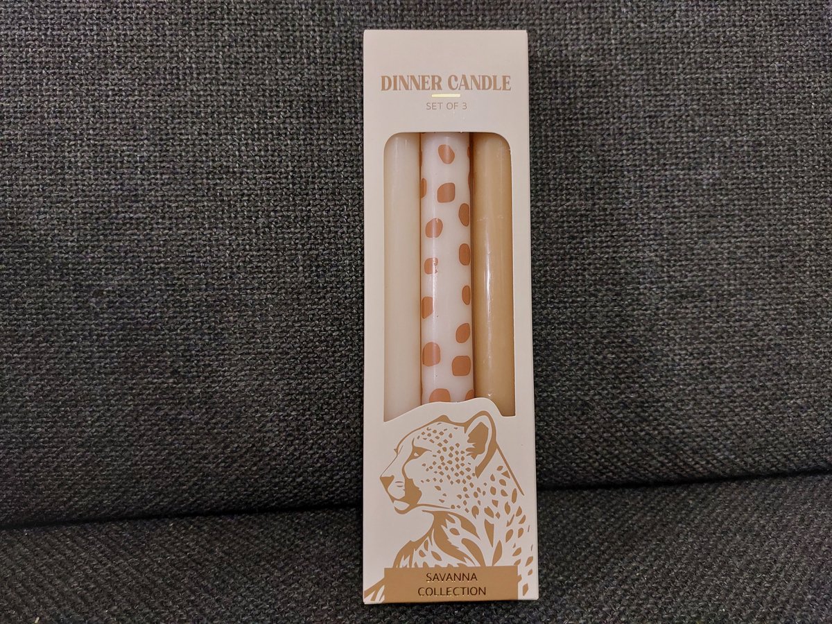 Dinerkaarsen - Dierenprint Dinerkaarsen - Set van 3 | 22 cm - Cheeta - Effen - Beige | Luxe Dinerkaarsen Savanna Collection - Brandtijd: 6 uur