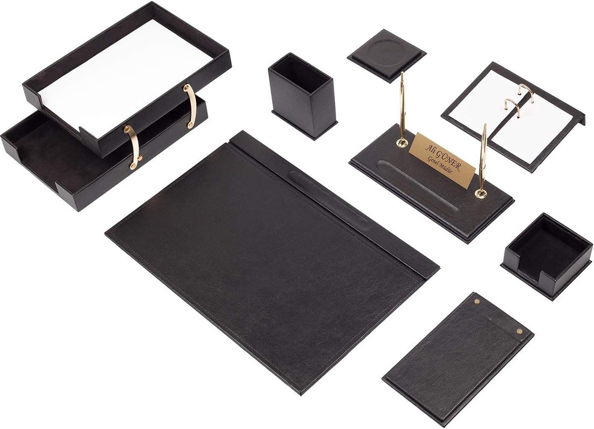 Lederen bureau Set - ZWART - Bureau accessoires Set - 10 Accessoires - Office Desk Organizer Set - handgemaakte lederen bureau set - Manager Gift