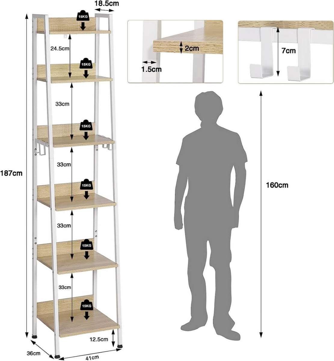 Bolt Edge Boekenkast - Wit/Oak - Industrieel - 6 lagen - 41x187x36cm