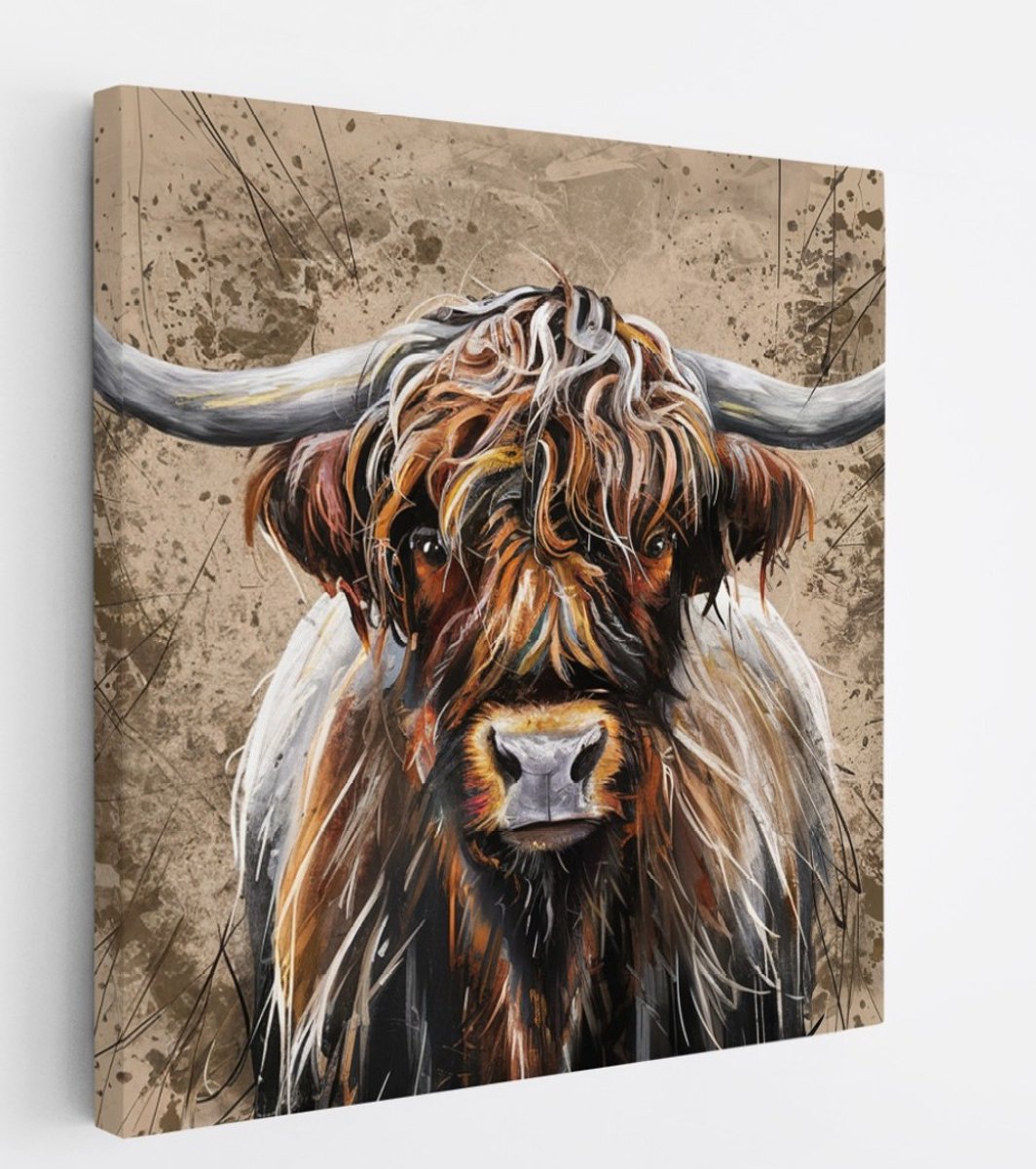 Saammp Canvas Schilderij - Schotse Hooglander Koe - Portret - Landschap - Dieren - Natuur - 60x60 - Foto op canvas - Wanddecoratie - muurdecoratie Woonkamer - Slaapkamer decoratie - Canvas Print Multicolor