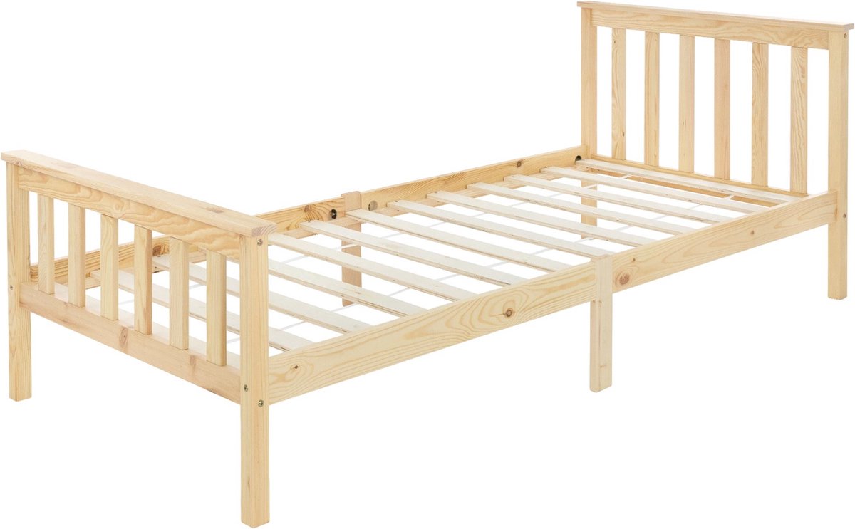 ml-design Houten Bed 90 x 200 cm Natuurlijk Massief Grenen Ledikant met Lattenbodem en Voeten Eenpersoonsbed met Hoofdbord en Voetenbord, Bed voor Kinderen en Volwassenen Massief Houten Kinderbed Bruin