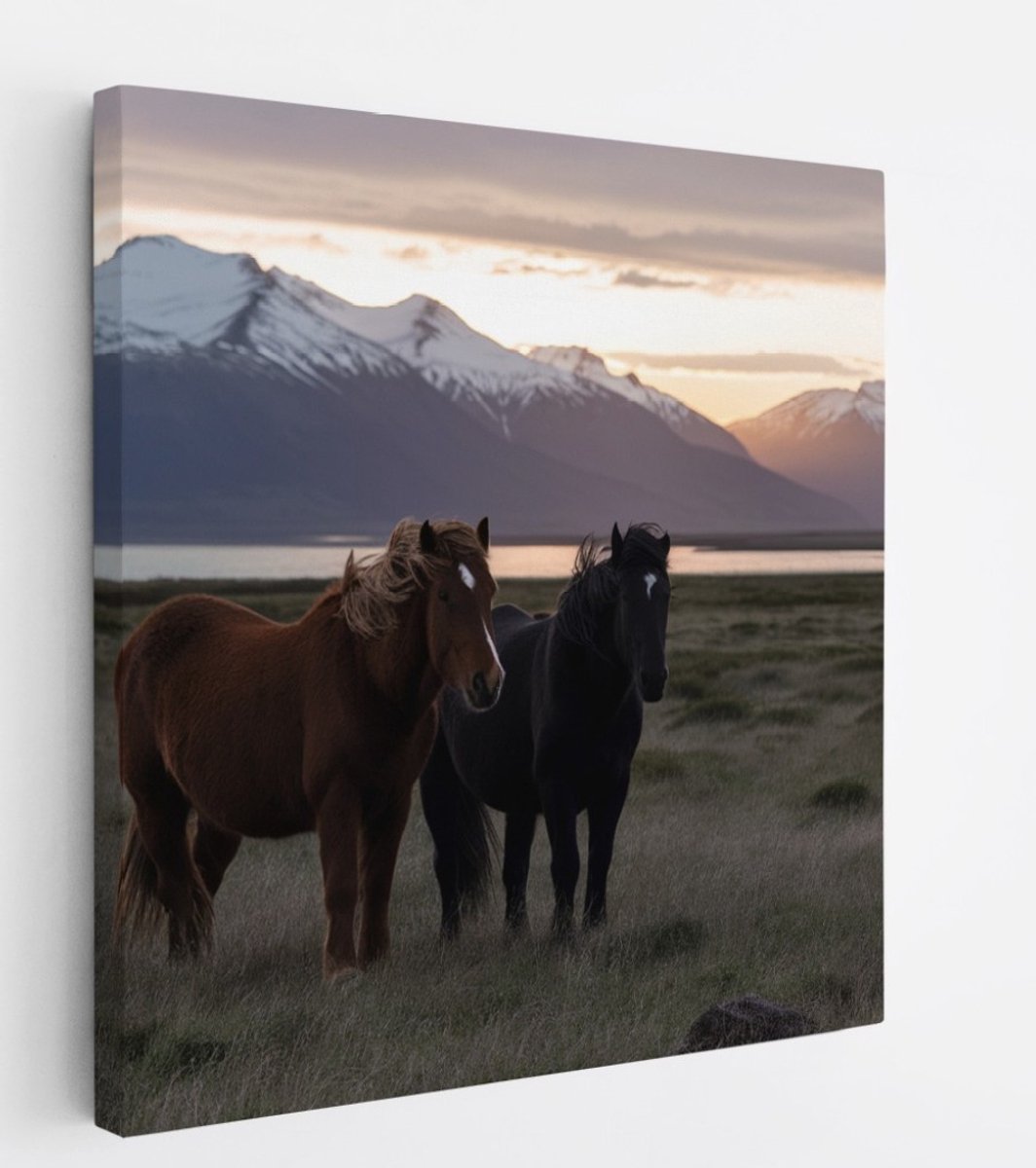 Saammp Canvas Schilderij - Paarden in bergachtig landschap- Dieren - Natuur - 40x40 - Foto op canvas - Wanddecoratie - muurdecoratie Woonkamer - Slaapkamer decoratie - Canvas Print Multicolor