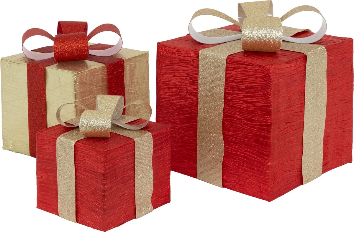 Set van 3 LED decoratie geschenkdoos met 90 warm witte LED's rood goud draad frame batterij met timer