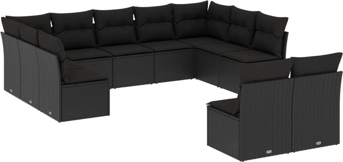 The Living Store 11-delige Loungeset met kussens poly rattan zwart - Loungeset - Tuinset - Lounge - Outdoor Furniture - PE Rattan