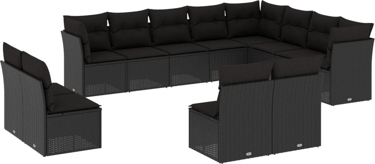 The Living Store 12-delige Loungeset met kussens poly rattan zwart - Loungeset - Tuinset - Buitendining - Loungehoek - Relaxfauteuil