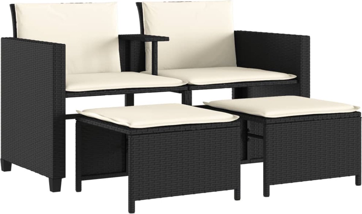 Zwarte poly rattan 2-zits tuinbank met tafel en voetenbanken.