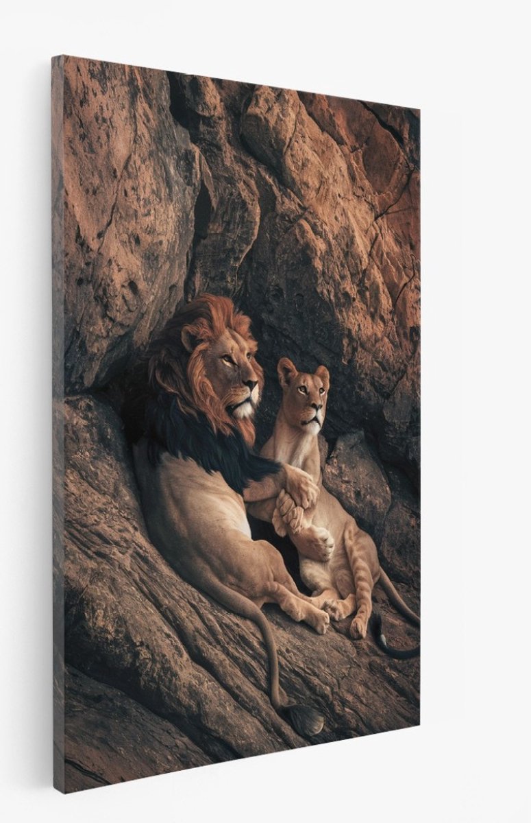 Saammp Canvas Schilderij - Leeuwen liggend op rots - Natuur - Dieren - 40x50 - Foto op canvas - Wanddecoratie - Muurdecoratie Woonkamer - Slaapkamer decoratie - Canvas Print Multicolor