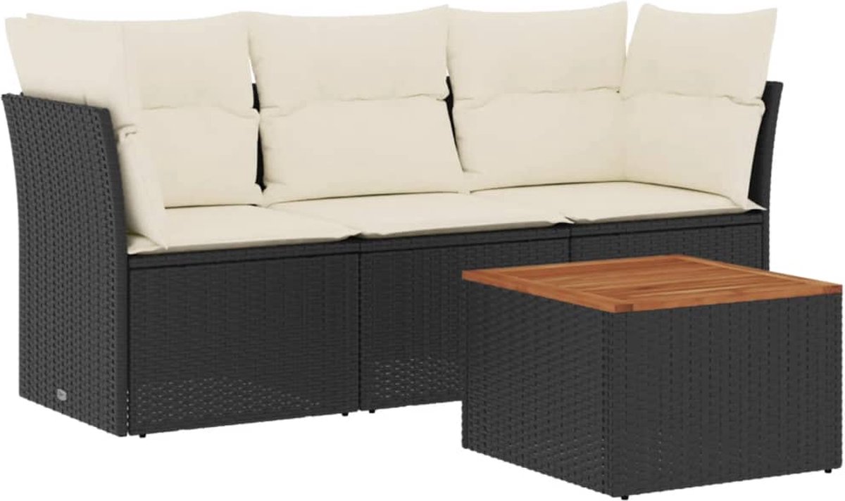 The Living Store 4-delige Loungeset met kussens poly rattan zwart - Loungeset - Lounge Set - Tuinlounge - Buitendining - Terrasmeubels
