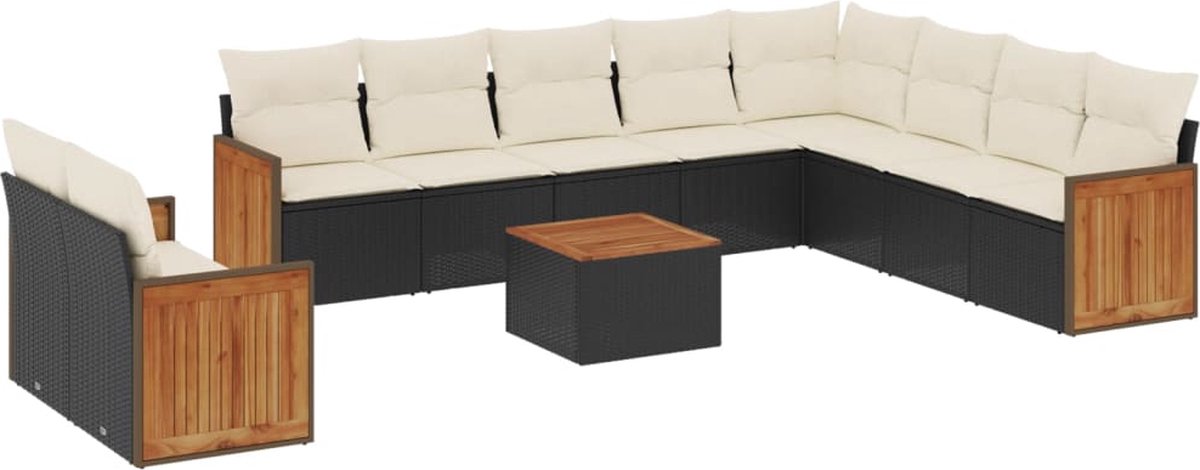 The Living Store 11-delige Loungeset in zwart poly rattan met kussens.