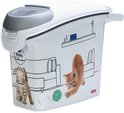 Witte bak met grijze deksel en handvat. Decoratie van katten die met een bol wol spelen. Tekst 'CURVER' zichtbaar.