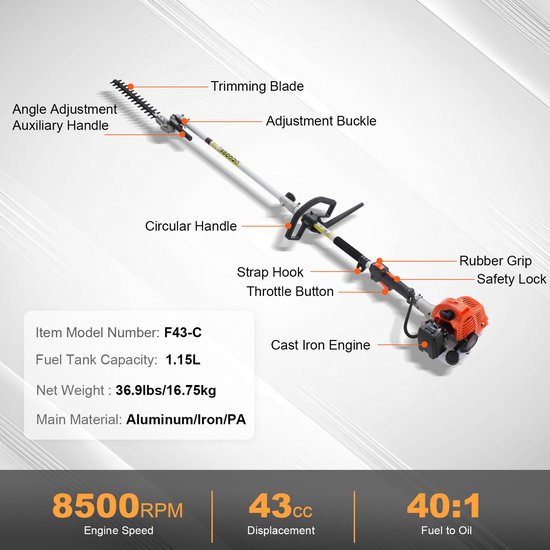 VEVOR 6-In-1 Heggenschaar Benzine Heggenschaar 43cc Heggenschaar Met Lange Steel 1,15l — afbeelding 4