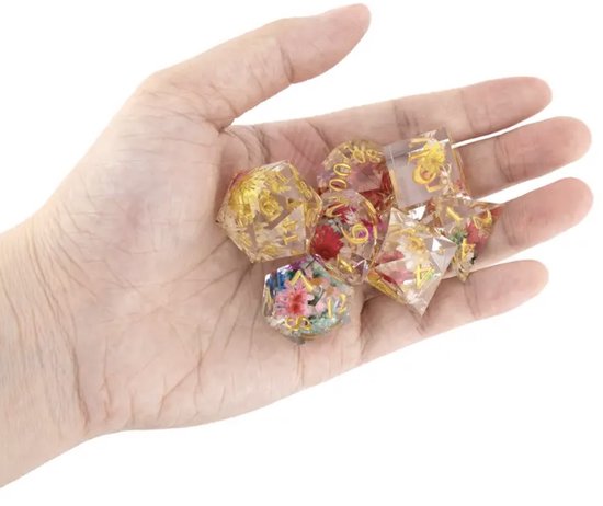 Ensemble de dés Joya Kids® Dungeons and Dragons | Set de Dés DnD Polydice | Ensemble de dés D&D | Ensemble de 7 pièces en résine | Coffre de rangement de Luxe inclus | Transparent avec des Fleurs colorées