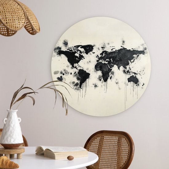 WallCircle® Wandcirkel 60x60 cm - Muurcirkel Wereldkaart - Zwart - Inkt - Muurdecoratie woonkamer - Wanddecoratie slaapkamer - Kamer decoratie accessoires - Ronde schilderijen