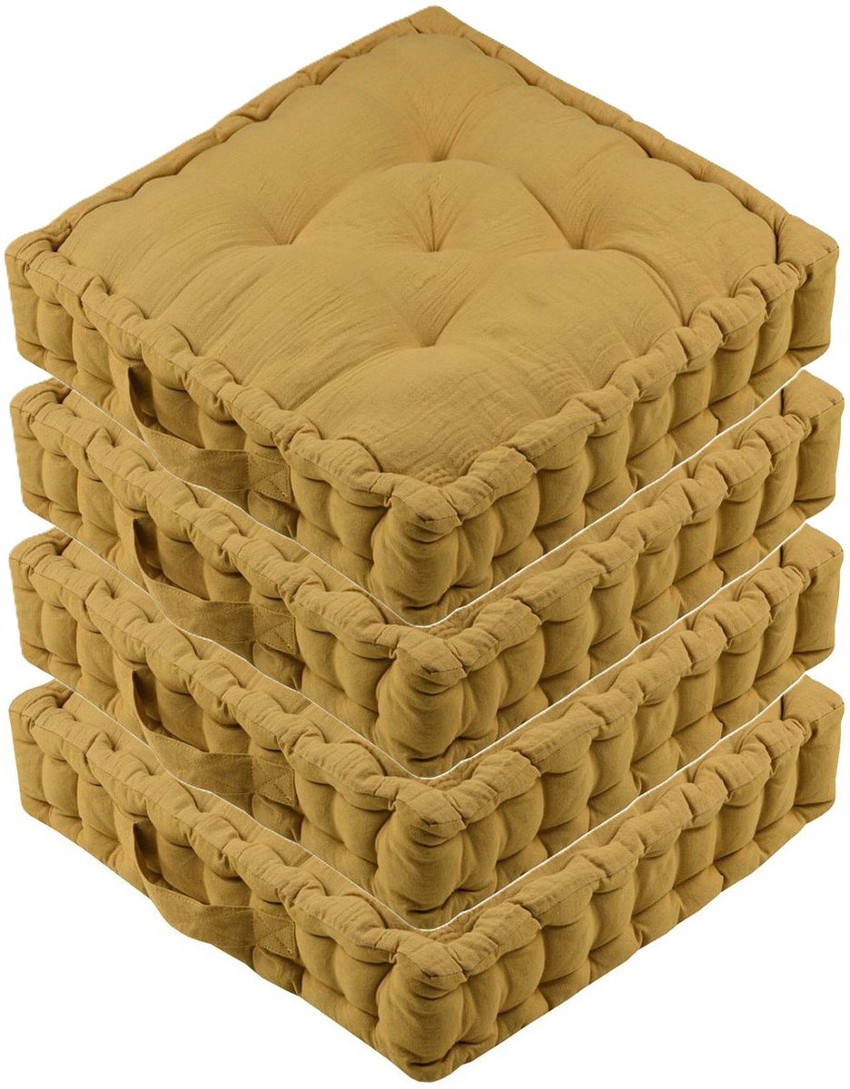 Stof Textile Vloerkussen Maxime - 4x - okergeel - katoen - 45 x 45 x 10 cm - vierkant - Extra dik - extra zitplaatsen - spelen - gamen - relaxen