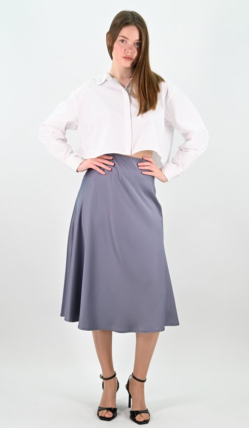 YesMooi - Jupe mi-longue en satin - Blauw Grijs - L (40)