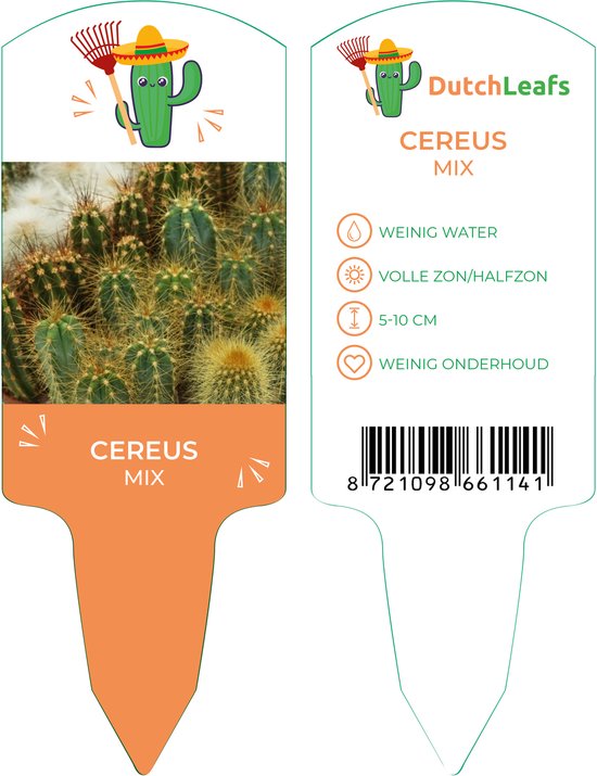 Etiket voor 'Cereus Mix' met plantinformatie en een cartoon cactus.