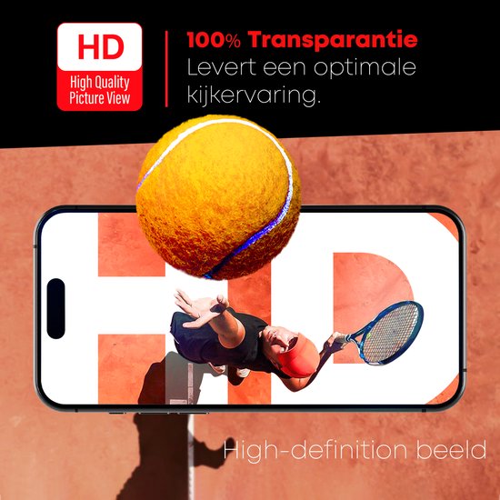 Écran de smartphone montrant un joueur de tennis avec une balle, avec le texte "HD" et "100% Transparence".