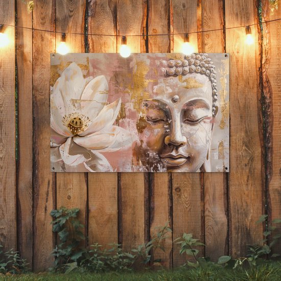 Affiche de jardin 120x80 cm - Décoration de jardin Bouddha - Bloem - Or - Rose - Abstrait - Affiche pour le jardin - Décoration extérieure - Tableau de jardin clôture - Décoration murale sur toile de jardin - Décoration murale sur toile de balcon