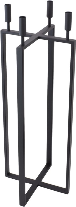 Zwarte metalen staande kandelaar met een geometrisch frame en vier kaarshouders aan de bovenkant.