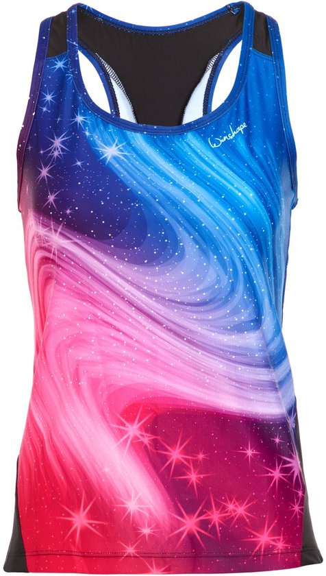 Zwart sportshirt met galaxy print in roze, paars en blauw. Voorkant.