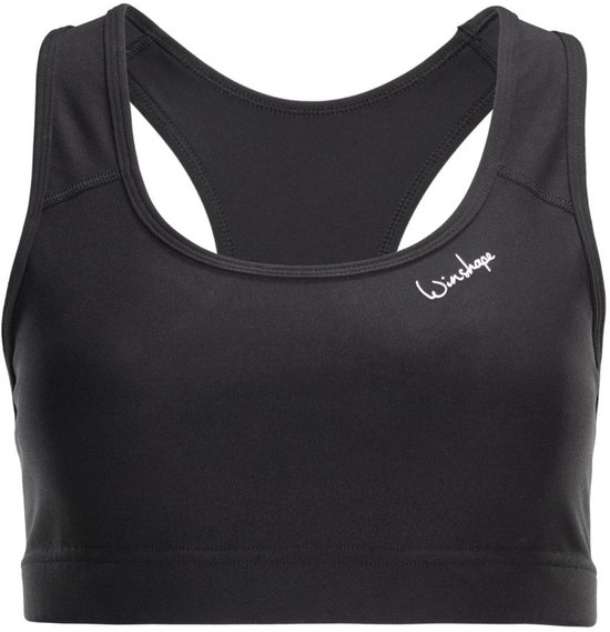 Zwarte sportbeha van het merk Winshape, met racerback en logo op de borst.