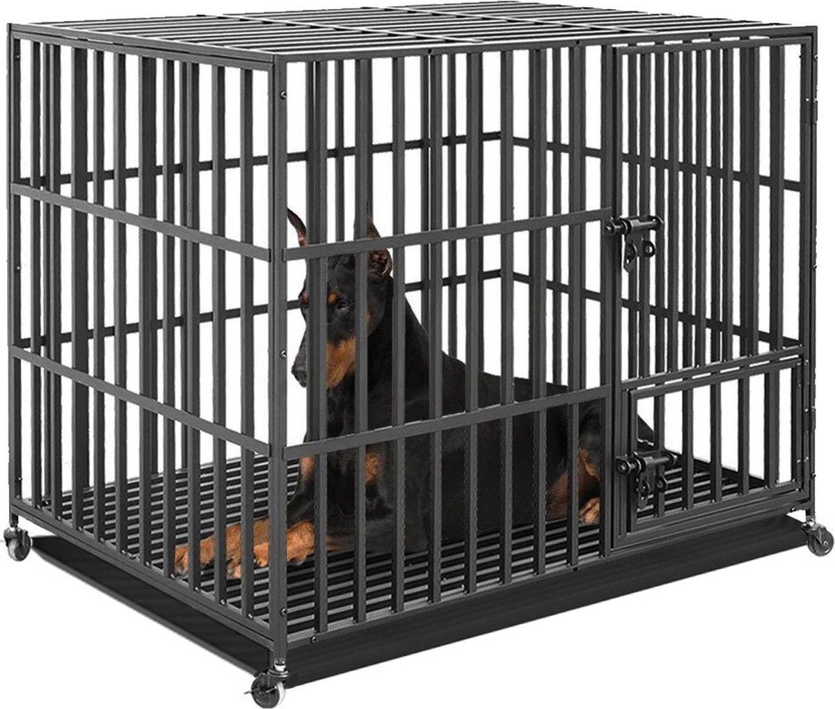 Robuuste Hondenbench - Zware Uitvoering - Verrijdbaar - Dubbele Deur - Losse Bodemplaat - 107x77,5x94cm