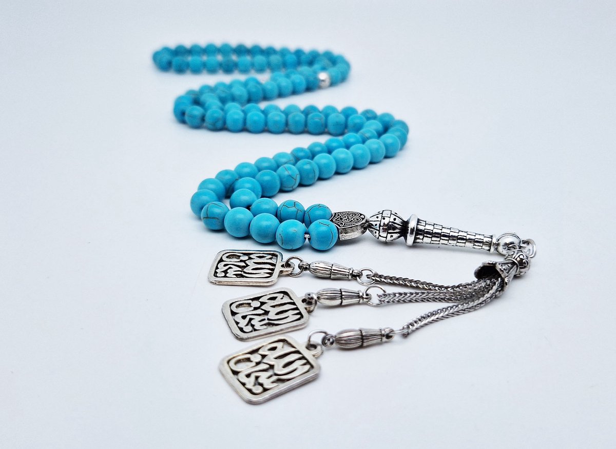 Handgemaakte tesbih "Tasbih" natuursteen "Turkoois" - Aantal kralen 99 - Diameter kralen 8MM - met metaal tassel "Subhan Allah" - Een mooi cadeau-idee