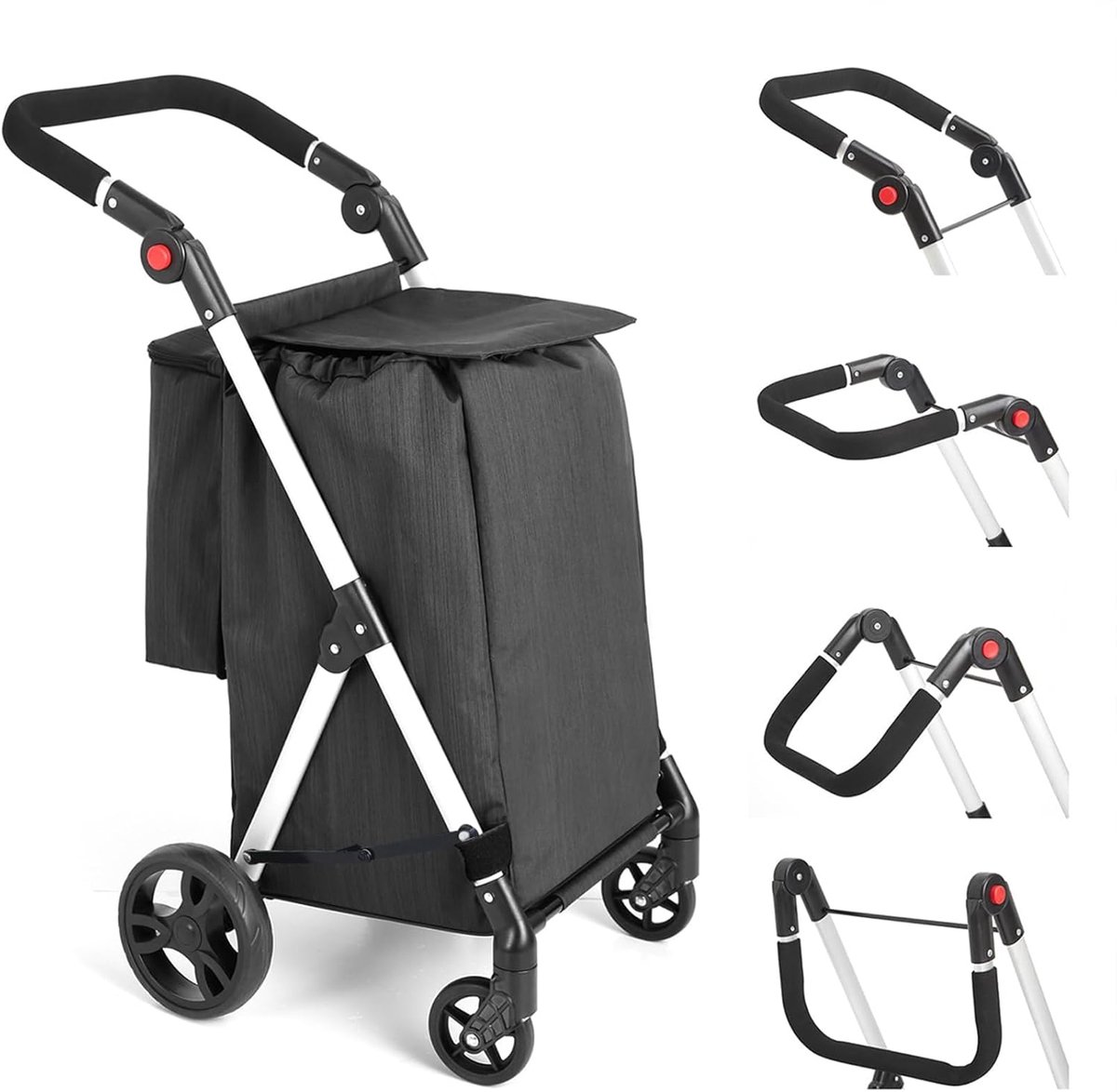 Boodschappentrolley met 4 Wielen en Geïsoleerde Koeltas - 46L Aluminium Winkelwagen