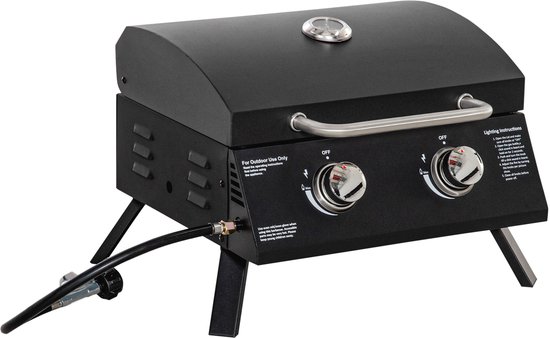 Gasbarbecue - Gasbarbecue en grill op tafel - 2 Branders - Met slang en thermometer - Gasbarbecue voor op de camping - Zwart