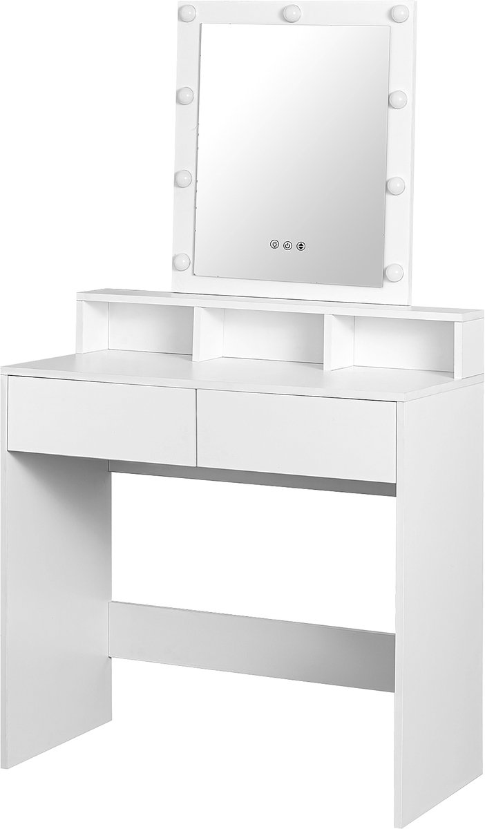 xDays Kaptafel met Spiegel en Verlichting – Witte Make-up Tafel – 145x80x40 cm – Dimbare LED, 2 Lades & 3 Vakken