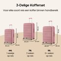 Drie roze koffers van verschillende groottes: 55 cm, 66 cm en 75 cm hoog.