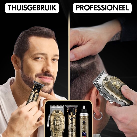 Mannen met Sansbeauté tondeuses: thuisgebruik met kleine tondeuse, professioneel gebruik met grote tondeuse.