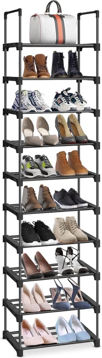 schoenenrek met 10 planken, groot metalen schoenenrek, doe-het-zelf, standplank, ruimtebesparend, multifunctioneel, woonkamer, slaapkamer, keuken, 45 x 30 x 174 cm, zwart LSA25BK