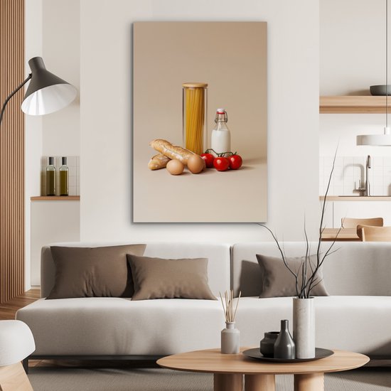 Aluminium schilderij 60x90 cm - Wanddecoratie metaal - Spaghetti - Melk - Tomaten - Eieren - Brood - Metalen muurdecoratie woonkamer - Decoratie industrieel - Foto op dibond - Industriële accessoires slaapkamer