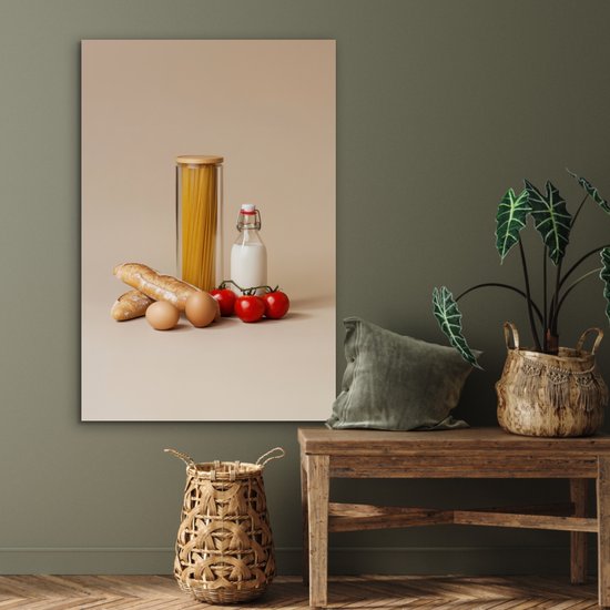 Aluminium schilderij 60x90 cm - Wanddecoratie metaal - Spaghetti - Melk - Tomaten - Eieren - Brood - Metalen muurdecoratie woonkamer - Decoratie industrieel - Foto op dibond - Industriële accessoires slaapkamer