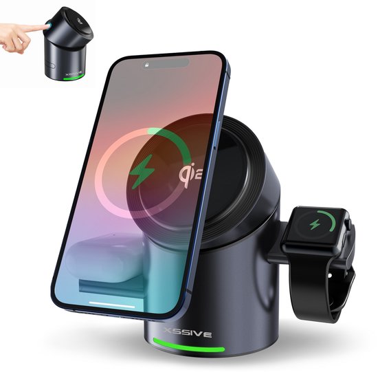 Luxe 3 in 1 Draadloze Oplader met Touch Sensor + Telefoonstandaard - Qi2 Oplaadstation Bureau - Geschikt voor Apple MagSafe (Watch, AirPods, iPhone 16/15/14/13/12) - Xssive Origineel