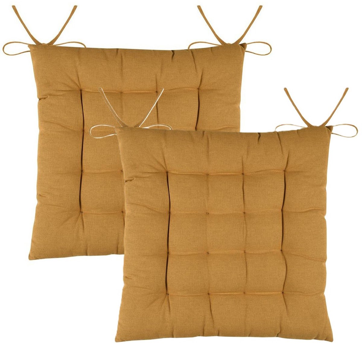 Stof Textile stoelkussens DUO - 2x - okergeel - 38 x 38 x 3.5 cm - touwtjes sluiting - zitkussens - binnen/buiten
